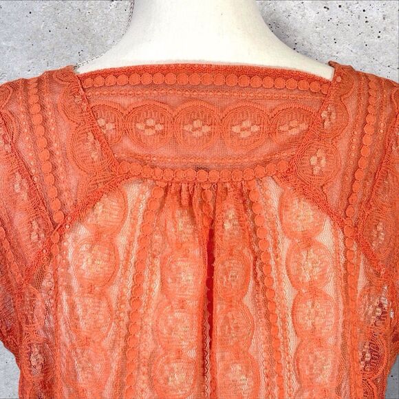 Fossil Sheer Lace Coquette Top V Neck Y2K Boho Fairy Womens’s Medium Orange - Picture 6 of 9